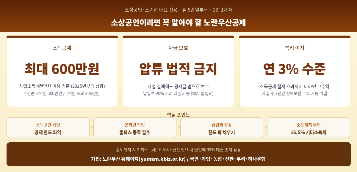 노란우산공제 가입방법 2026 소득공제 600만원 복리이자 압류방지 혜택 핵심 정리 인포그래픽