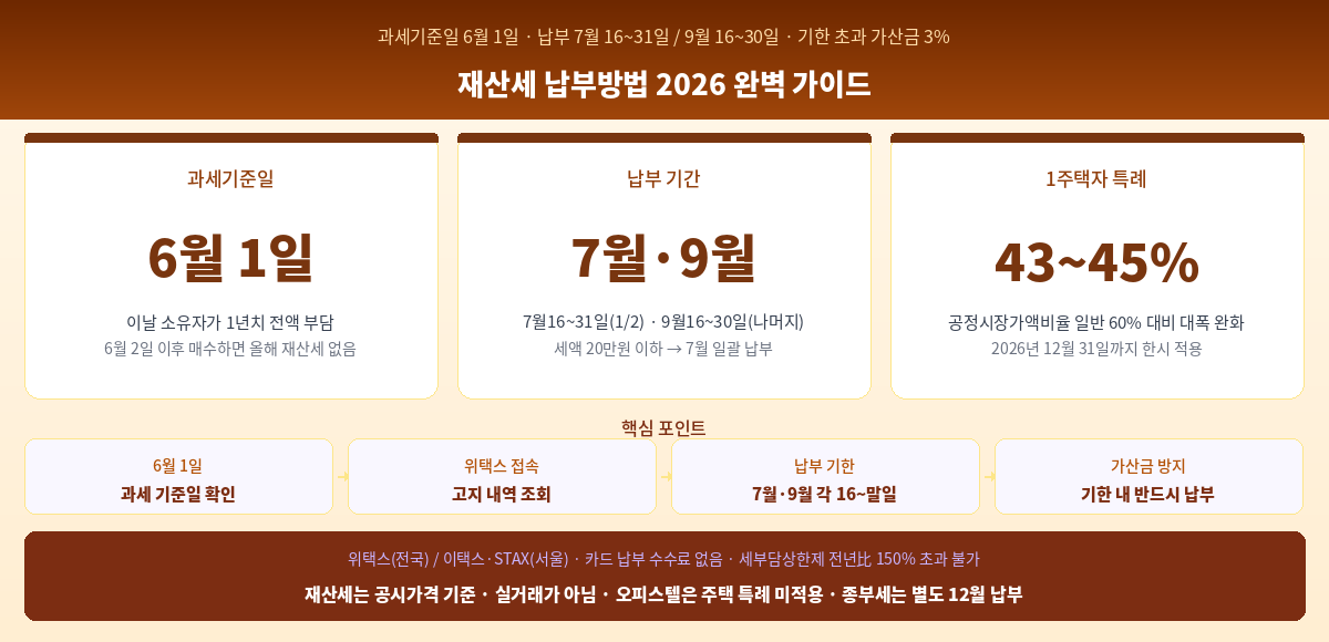 재산세 납부방법 2026 납부기간 계산법 1주택 감면 위택스 절차 핵심 정리 인포그래픽